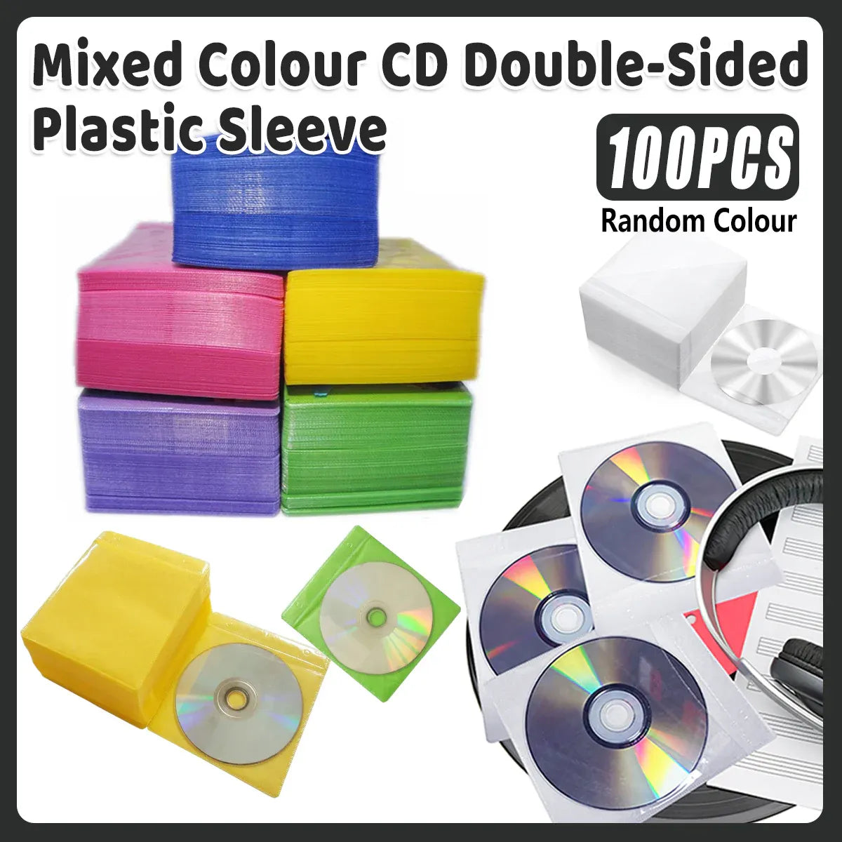100X Premium Color Mixing CD DVD Double Sided Plastic Sleeves Holds 2 discs Storage Bag V528-OPTICAL-DISK-HOLDER-100PCS-359886