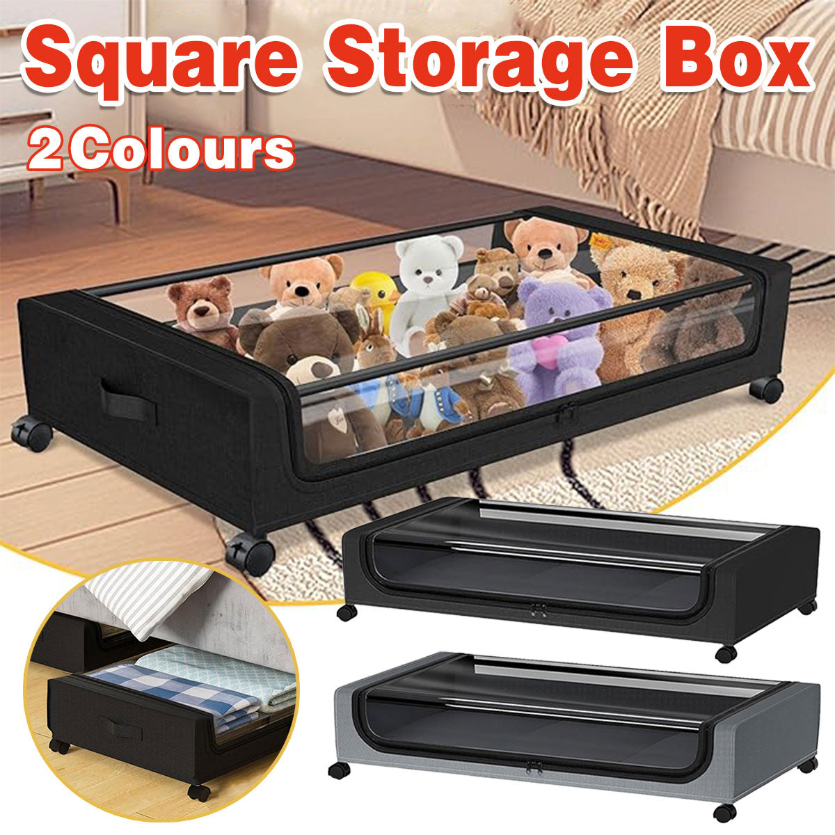 Under Bed Storage Rack Square Design with Wheels Rolling Trolley Box for Home - Black V528-ORGANIZER-BLACK-SINGLE-746920