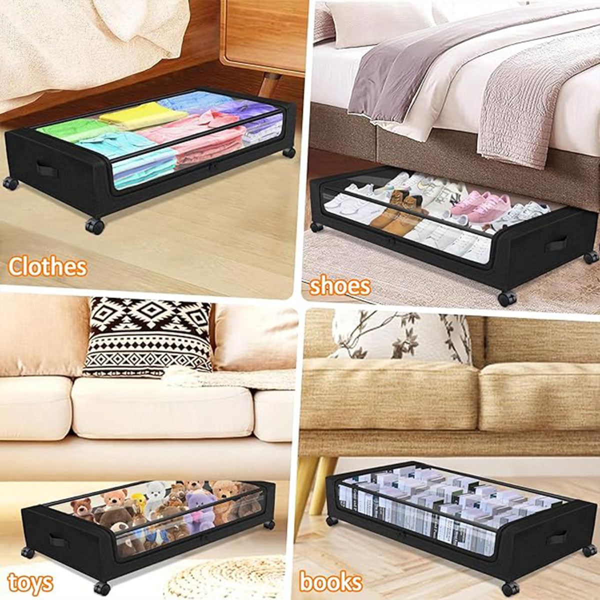 Under Bed Storage Rack Square Design with Wheels Rolling Trolley Box for Home - Black V528-ORGANIZER-BLACK-SINGLE-746920