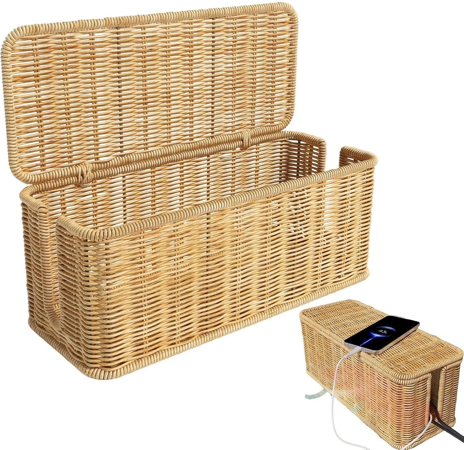 Desktop Cable Management Box with Cover Rattan Style Power Cord Organizer Case V528-ORGANIZING-BOX-838789