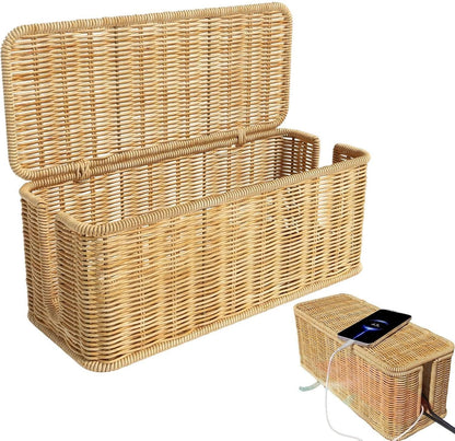 Desktop Cable Management Box with Cover Rattan Style Power Cord Organizer Case V528-ORGANIZING-BOX-838789