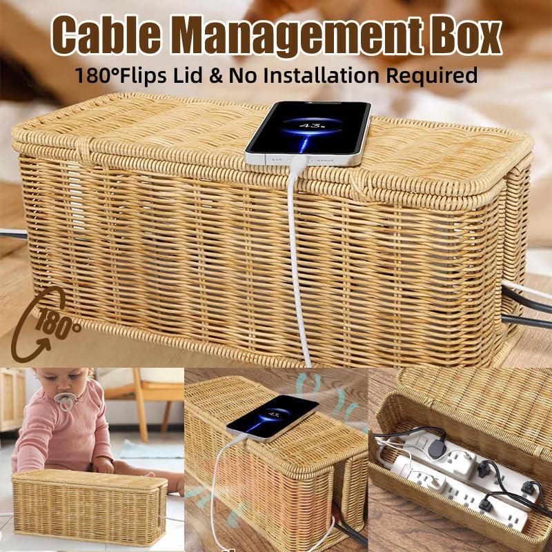 Desktop Cable Management Box with Cover Rattan Style Power Cord Organizer Case V528-ORGANIZING-BOX-838789
