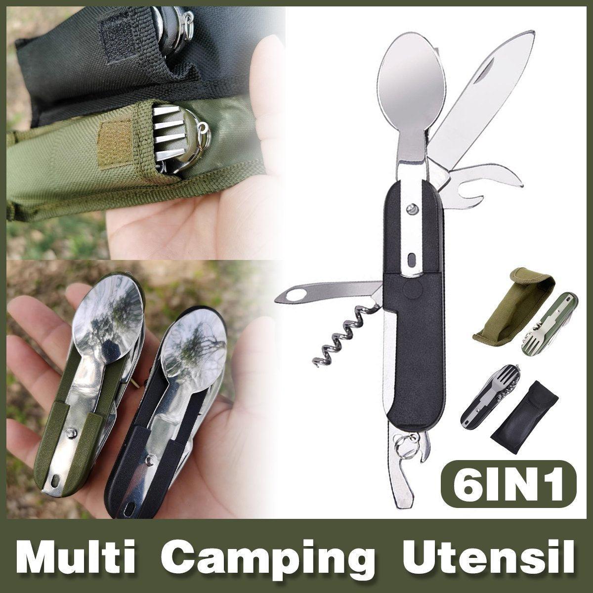 6in1 Portable Folding Knife Fork Spoon Set Outdoor Multi Functional Tableware - Black V528-OUTDOOR-TABLEWARE-BLACK-325678