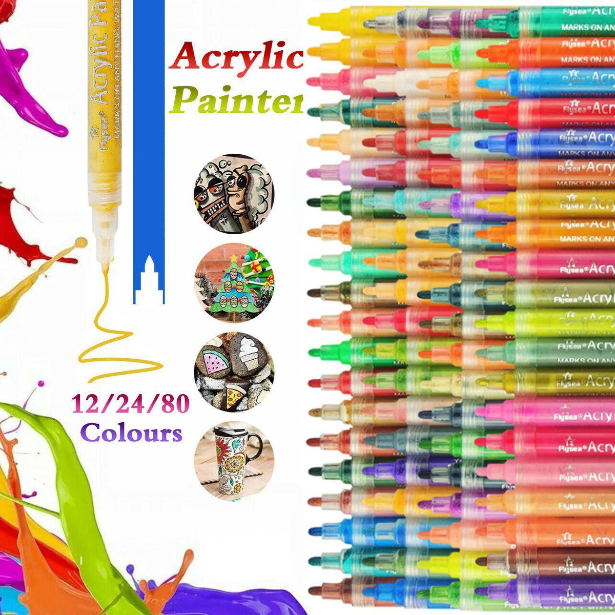 Flysea 12-80 Colours Acrylic Paint Pens Painting Stone Ceramic Glass Markers 0.7 - White*6 Set V528-PACK-WHITE-6SET79529