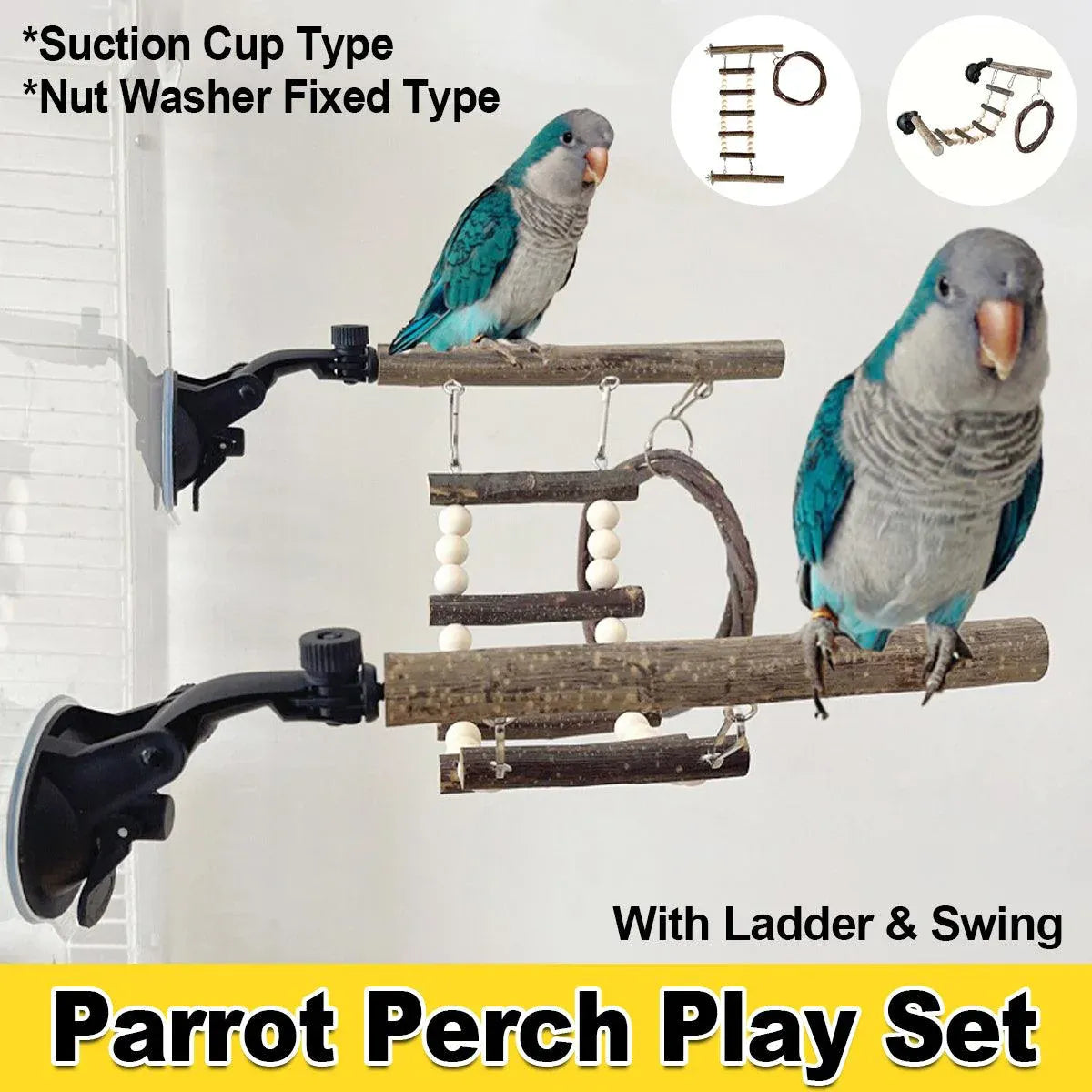 Wooden Parrot Stand Climbing Ladder Swing Toy for Birds Cage Play Accessories - Nut Washer Fixed Type V528-PARROT-STAND-GDK-394833