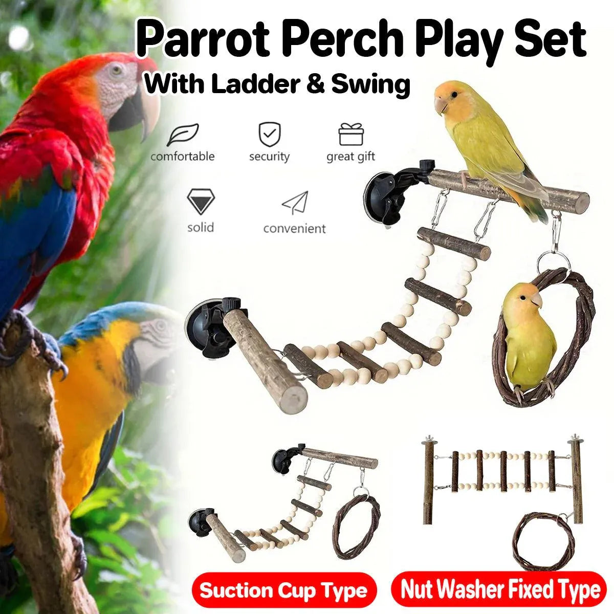 Wooden Parrot Stand Climbing Ladder Swing Toy for Birds Cage Play Accessories - Nut Washer Fixed Type V528-PARROT-STAND-GDK-394833