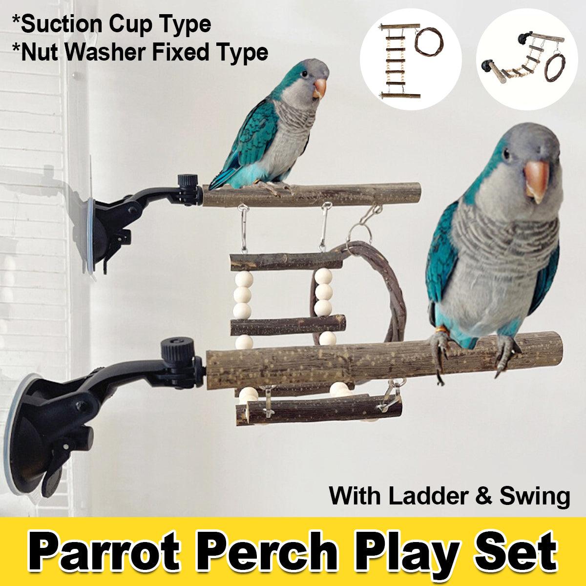 Wooden Parrot Stand Climbing Ladder Swing Toy for Birds Cage Play Accessories - Suction Cup Type V528-PARROT-STAND-XPK-401811