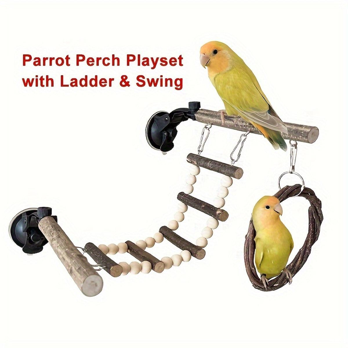 Wooden Parrot Stand Climbing Ladder Swing Toy for Birds Cage Play Accessories - Suction Cup Type V528-PARROT-STAND-XPK-401811