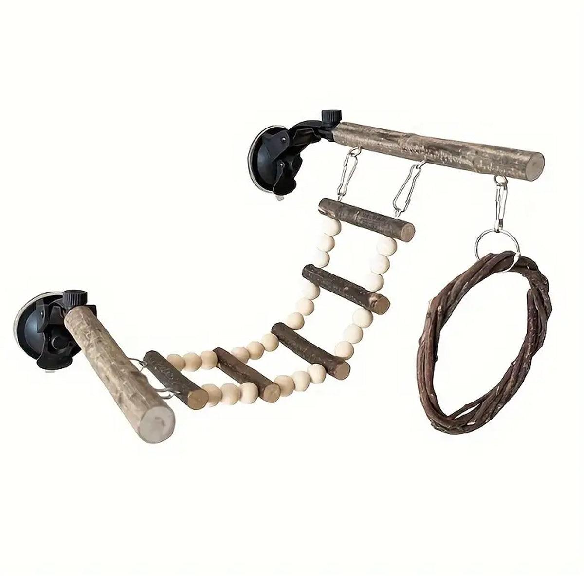 Wooden Parrot Stand Climbing Ladder Swing Toy for Birds Cage Play Accessories - Suction Cup Type V528-PARROT-STAND-XPK-401811