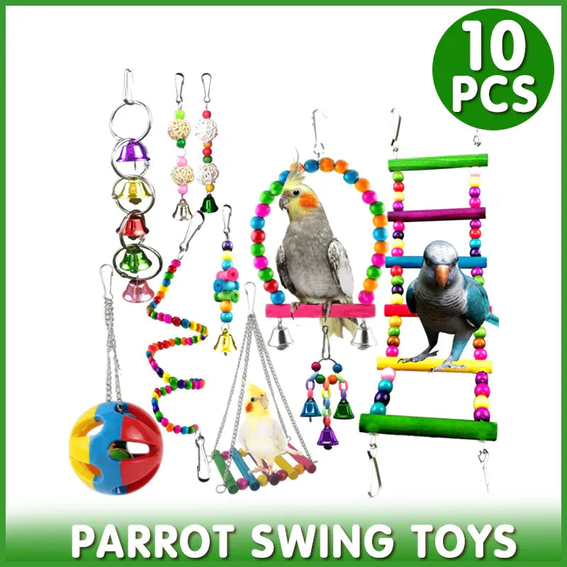 10pcs Parrot Toys Set Swing Ladder Chew Bell Toys for Cockatiels Budgies Cages V528-PARROTTOYS-10PCS-782146