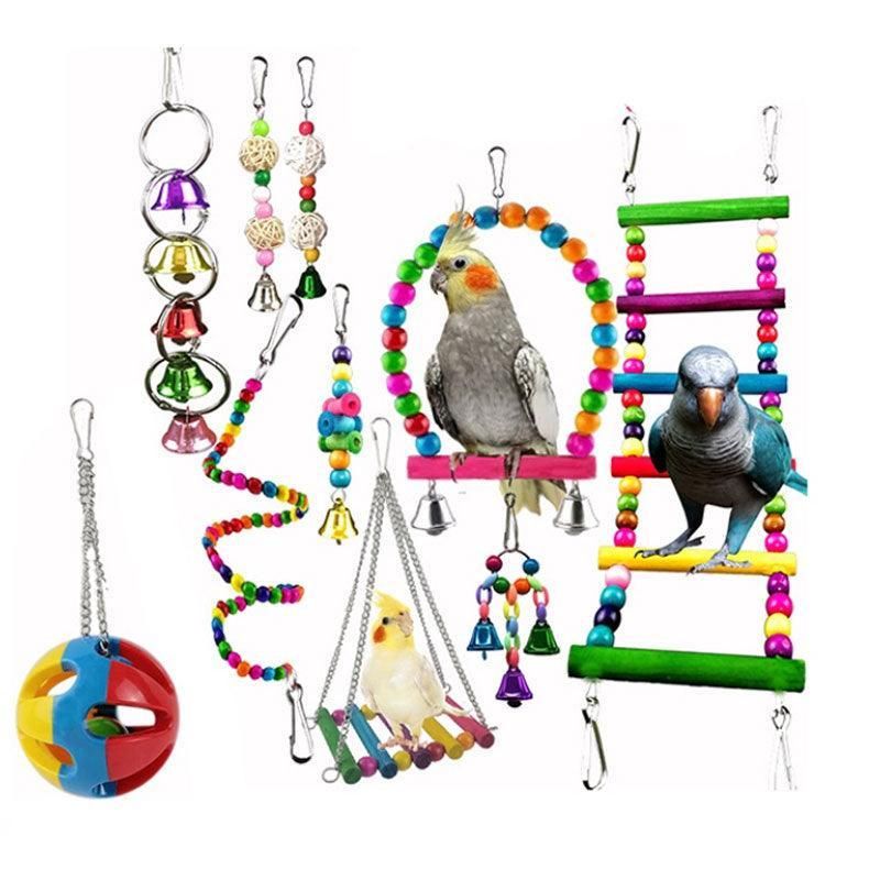 10pcs Parrot Toys Set Swing Ladder Chew Bell Toys for Cockatiels Budgies Cages V528-PARROTTOYS-10PCS-782146