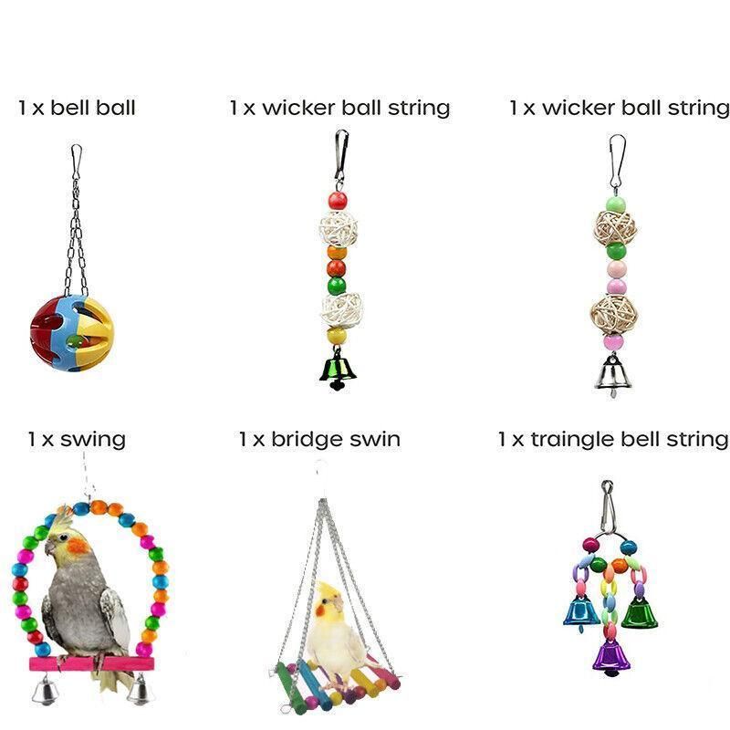 10pcs Parrot Toys Set Swing Ladder Chew Bell Toys for Cockatiels Budgies Cages V528-PARROTTOYS-10PCS-782146