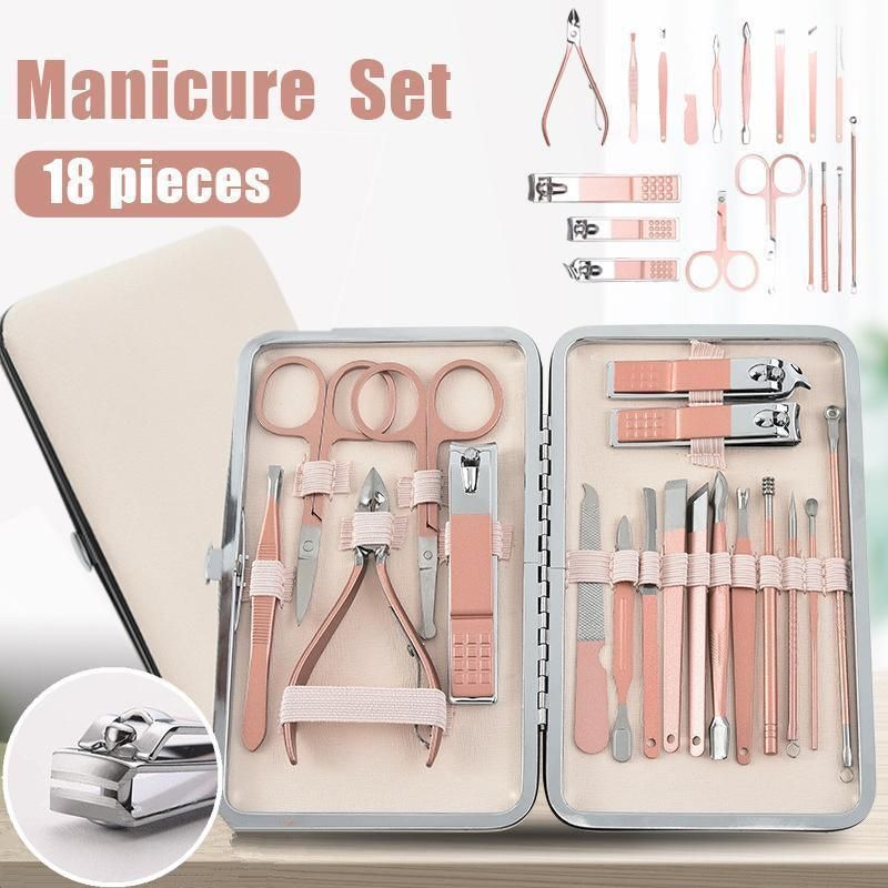 18 Piece Rose Gold Stainless Steel Manicure Pedicure Set With Travel Case V528-PEDICUREKITSET-18PCS-937254
