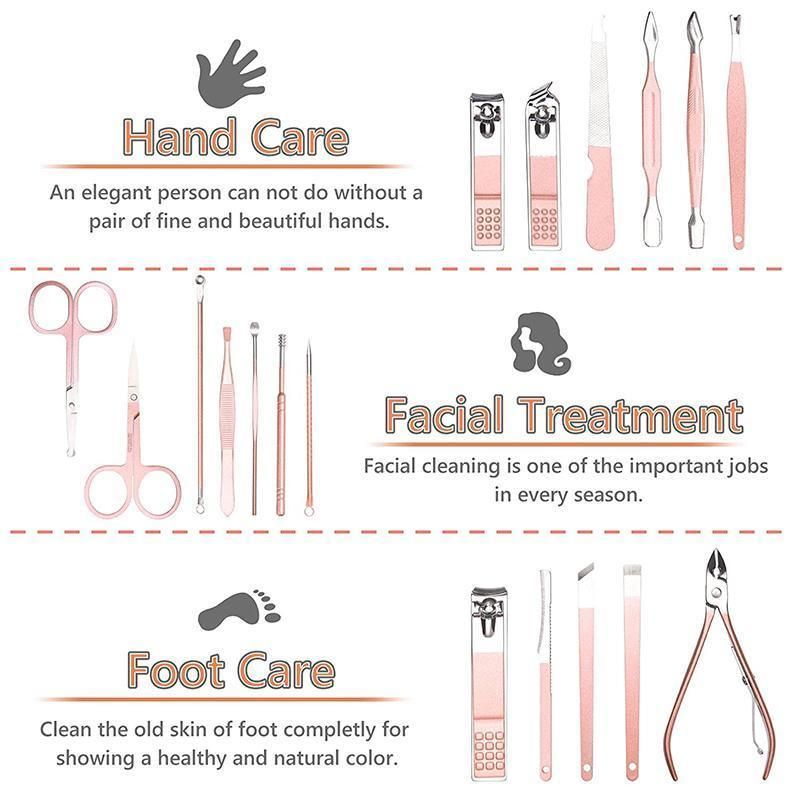 18 Piece Rose Gold Stainless Steel Manicure Pedicure Set With Travel Case V528-PEDICUREKITSET-18PCS-937254