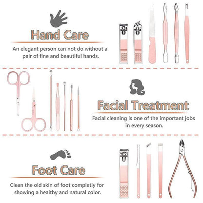 18 Piece Rose Gold Stainless Steel Manicure Pedicure Set With Travel Case V528-PEDICUREKITSET-18PCS-937254