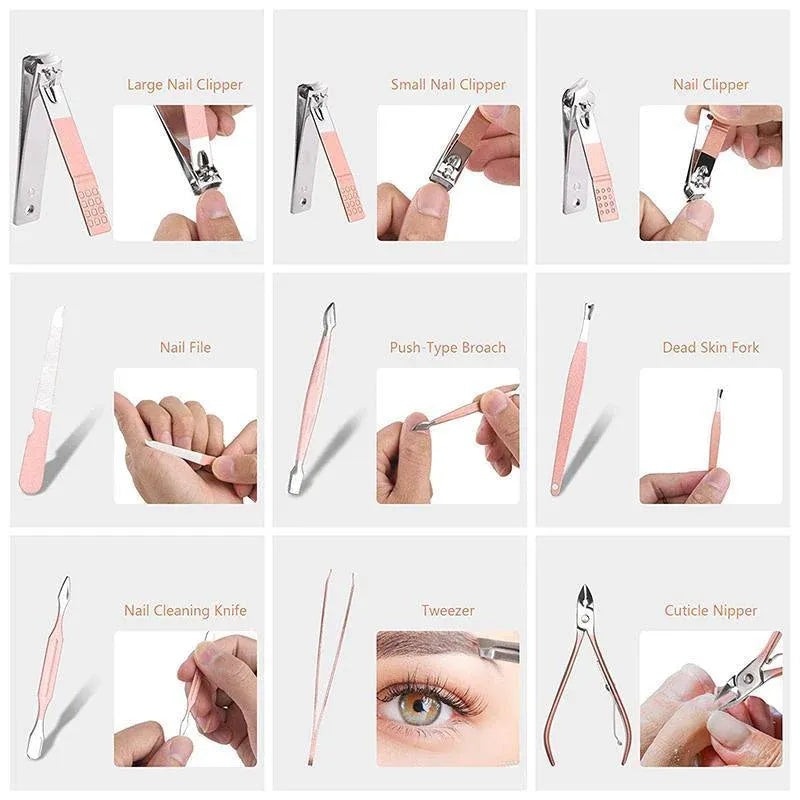 18 Piece Rose Gold Stainless Steel Manicure Pedicure Set With Travel Case V528-PEDICUREKITSET-18PCS-937254