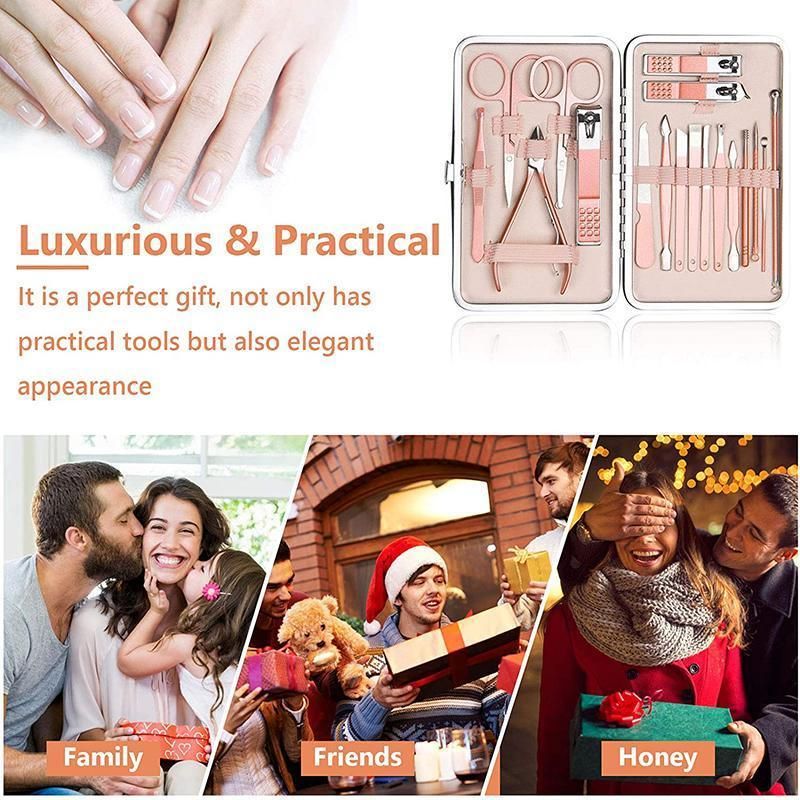 18 Piece Rose Gold Stainless Steel Manicure Pedicure Set With Travel Case V528-PEDICUREKITSET-18PCS-937254