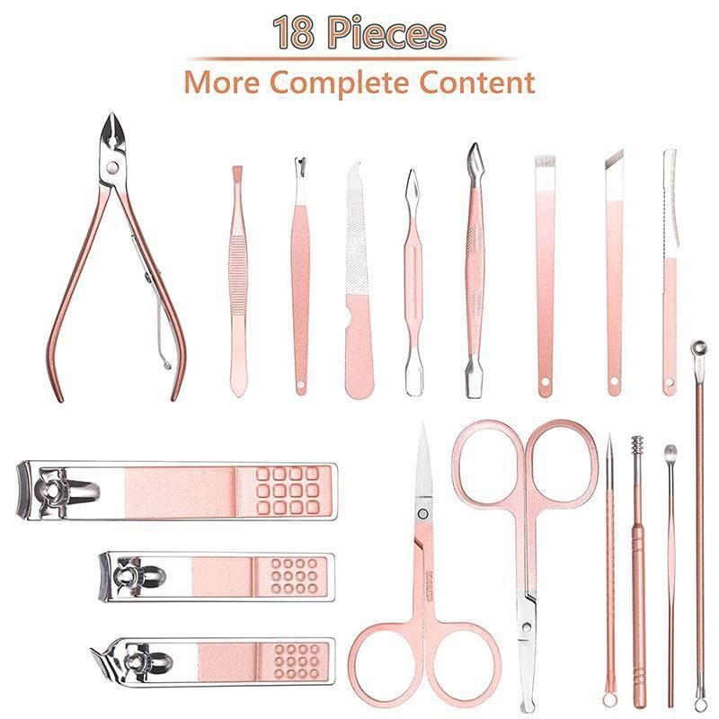 18 Piece Rose Gold Stainless Steel Manicure Pedicure Set With Travel Case V528-PEDICUREKITSET-18PCS-937254
