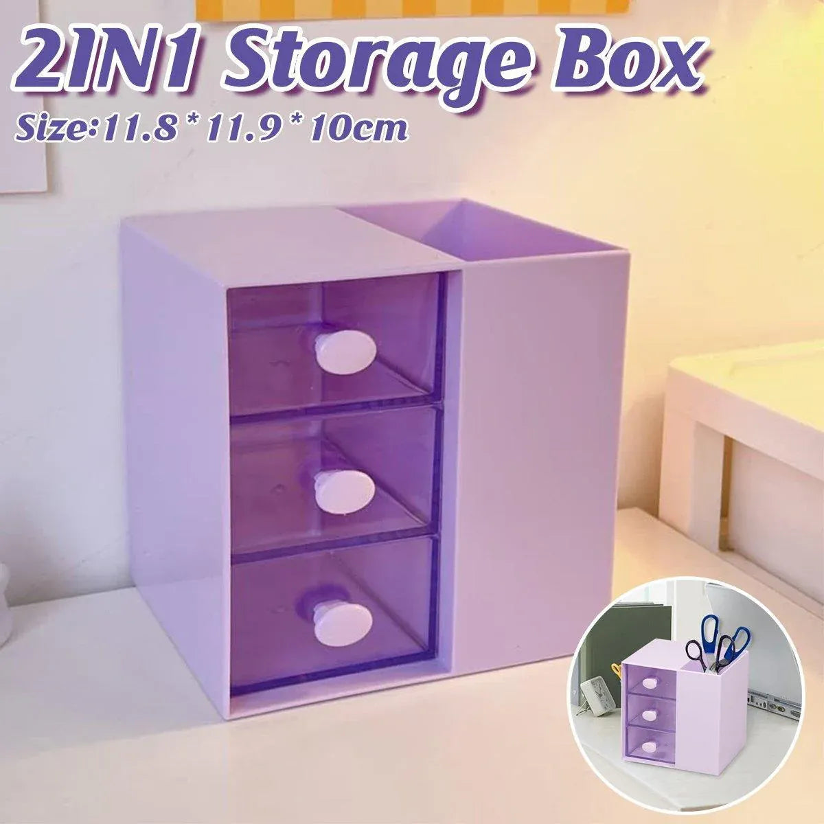 2IN1 Pumping Pen Container Storage Box Cosmetic Drawer Office Organizer Box V528-PEN-HOLDER-STORAGE-PURPLE-440363
