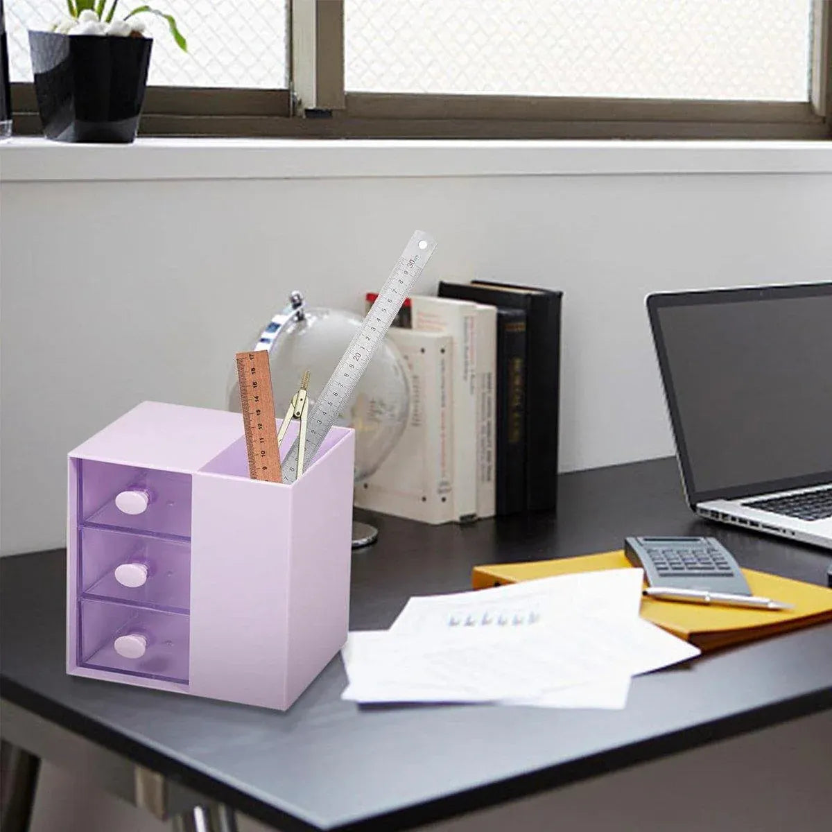 2IN1 Pumping Pen Container Storage Box Cosmetic Drawer Office Organizer Box V528-PEN-HOLDER-STORAGE-PURPLE-440363