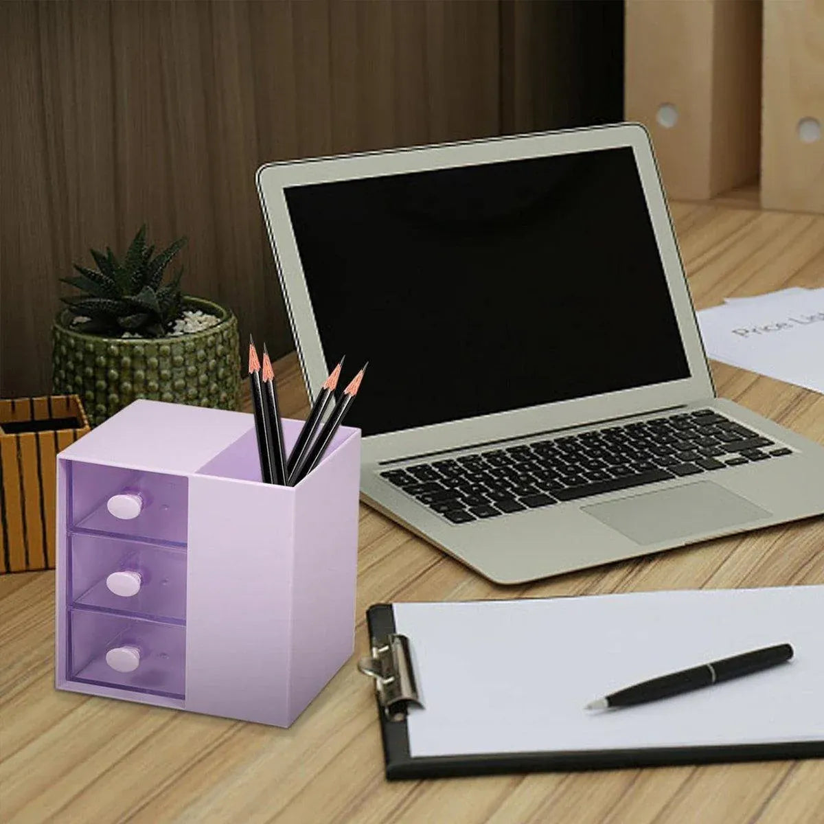 2IN1 Pumping Pen Container Storage Box Cosmetic Drawer Office Organizer Box V528-PEN-HOLDER-STORAGE-PURPLE-440363