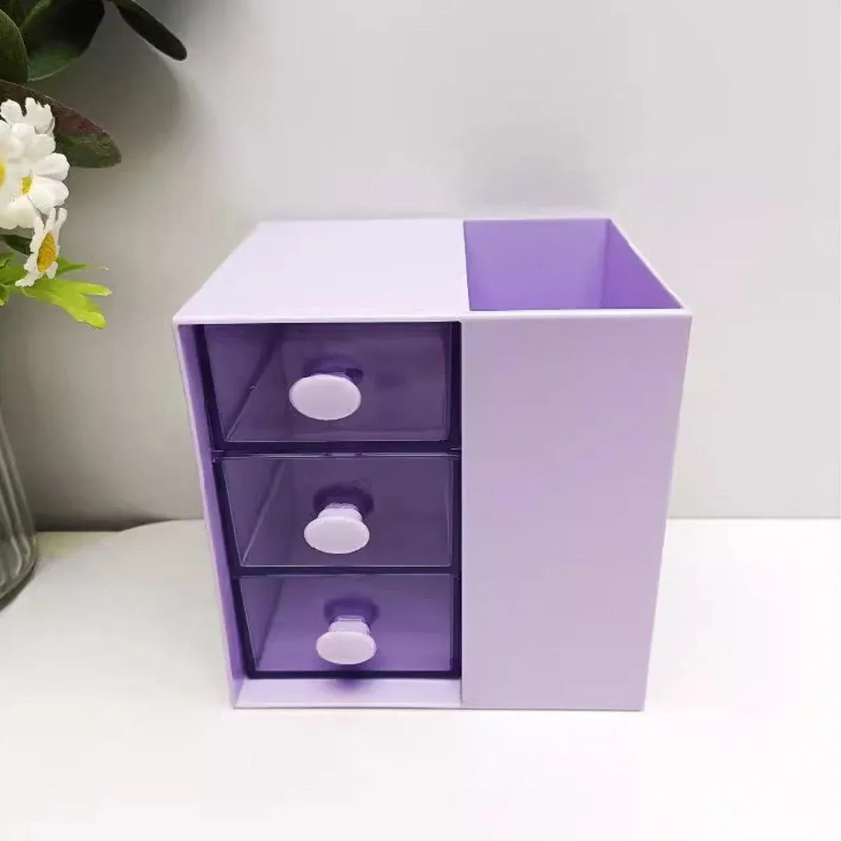 2IN1 Pumping Pen Container Storage Box Cosmetic Drawer Office Organizer Box V528-PEN-HOLDER-STORAGE-PURPLE-440363