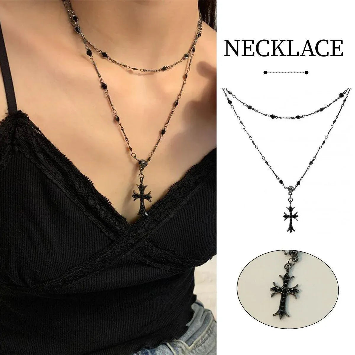 Women Fashion Double Layer Cross Pendant Necklace Retro Casual Sweater Chain V528-PENDANT-CROSS-434035
