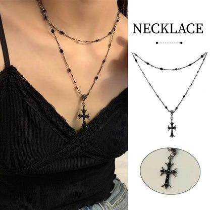 Women Fashion Double Layer Cross Pendant Necklace Retro Casual Sweater Chain V528-PENDANT-CROSS-434035