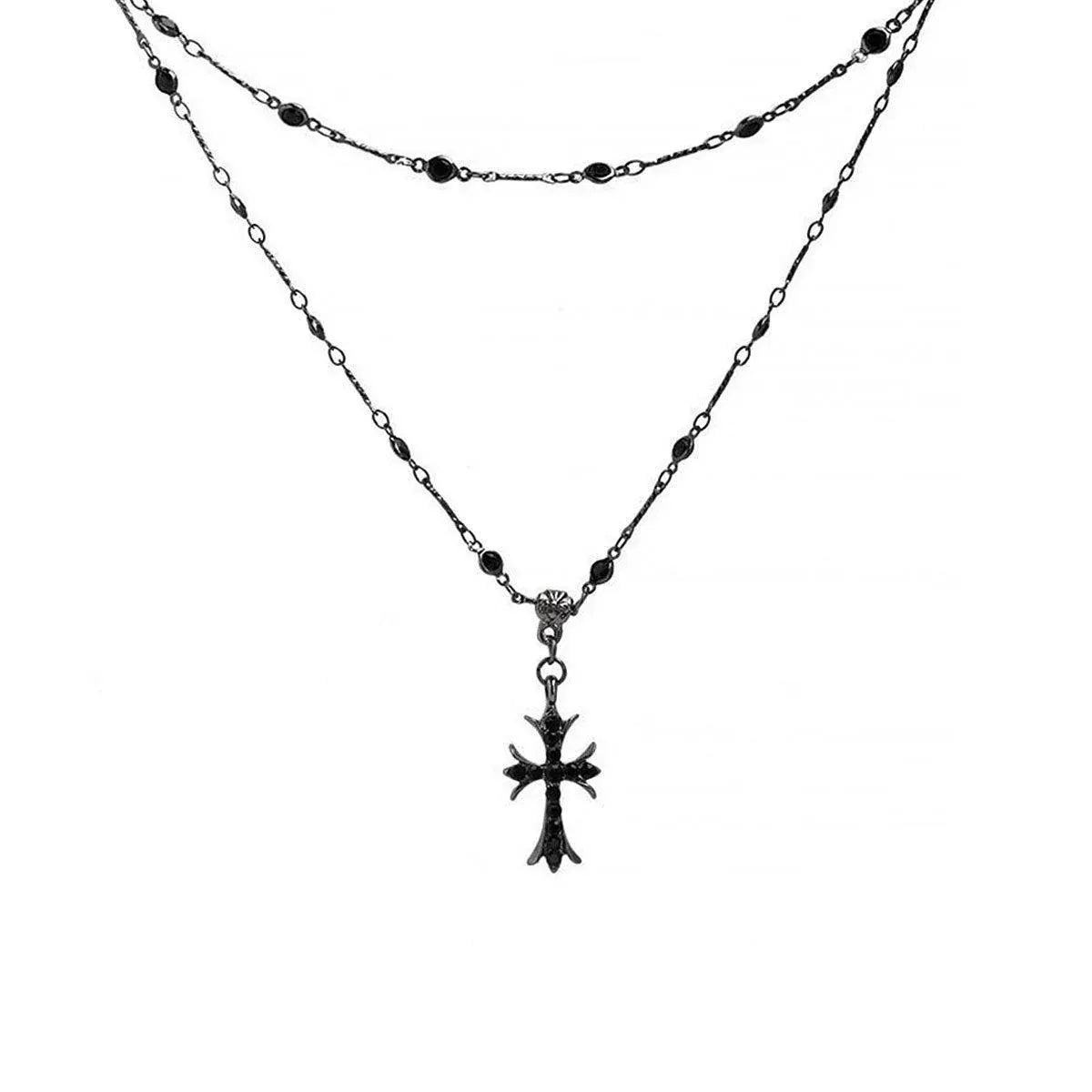 Women Fashion Double Layer Cross Pendant Necklace Retro Casual Sweater Chain V528-PENDANT-CROSS-434035