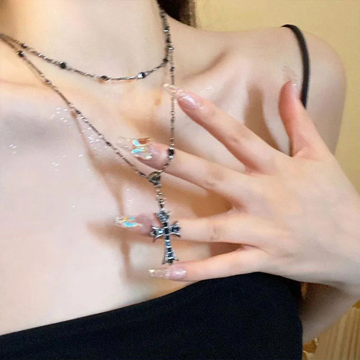Women Fashion Double Layer Cross Pendant Necklace Retro Casual Sweater Chain V528-PENDANT-CROSS-434035