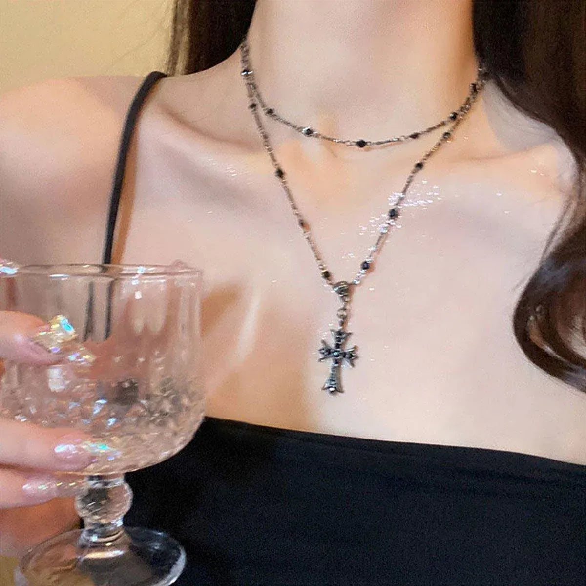 Women Fashion Double Layer Cross Pendant Necklace Retro Casual Sweater Chain V528-PENDANT-CROSS-434035