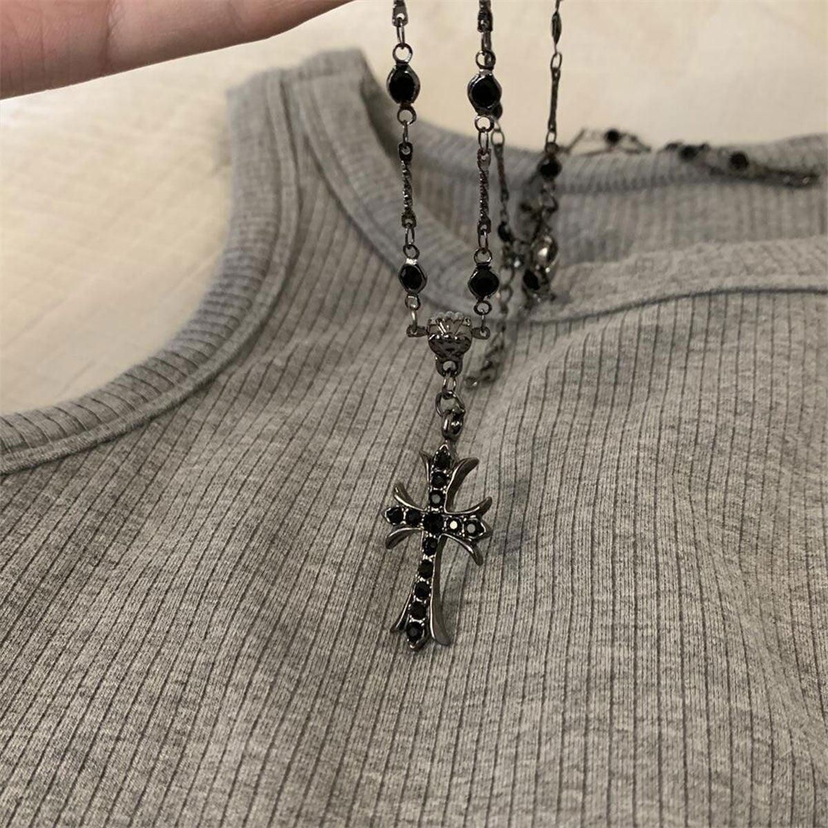 Women Fashion Double Layer Cross Pendant Necklace Retro Casual Sweater Chain V528-PENDANT-CROSS-434035