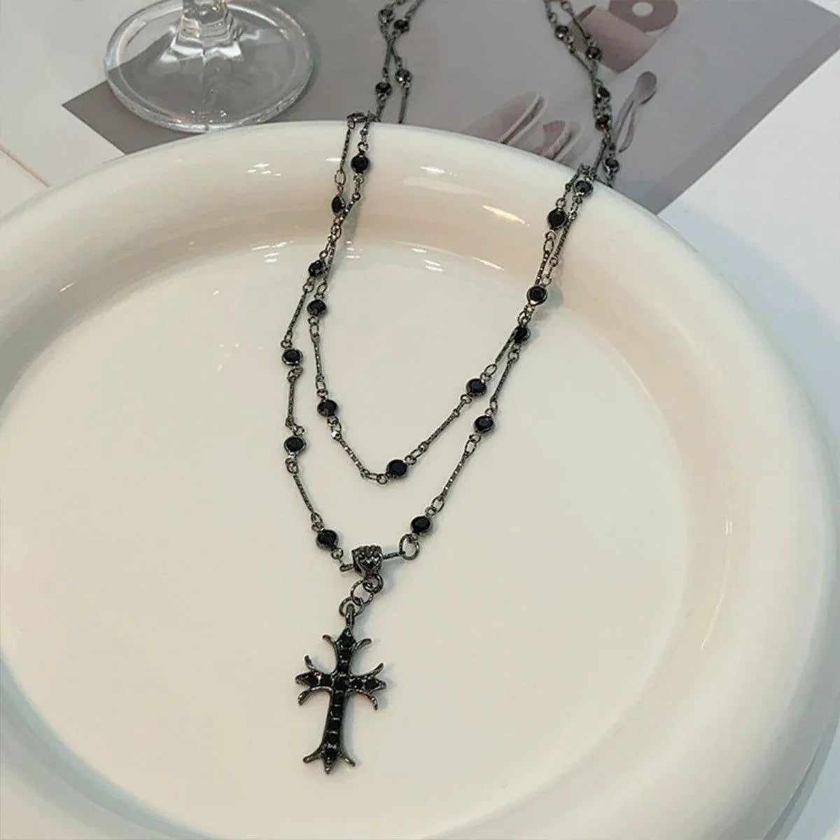 Women Fashion Double Layer Cross Pendant Necklace Retro Casual Sweater Chain V528-PENDANT-CROSS-434035