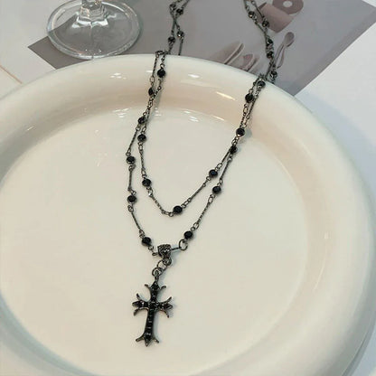 Women Fashion Double Layer Cross Pendant Necklace Retro Casual Sweater Chain V528-PENDANT-CROSS-434035