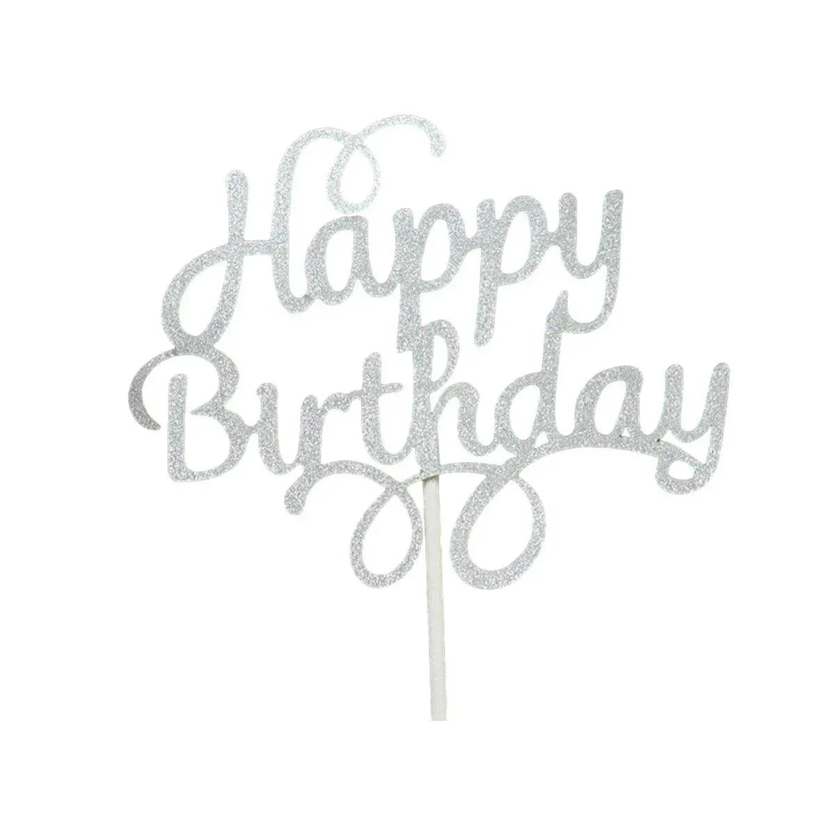 Happy Birthday Cake Topper Colour Printed Acrylic Party Decorations - Silver-Happy Birthday V528-PENIN-SILVER-500262