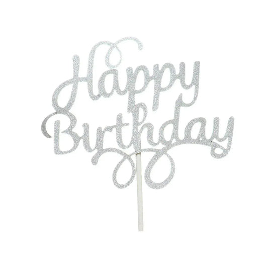 Happy Birthday Cake Topper Colour Printed Acrylic Party Decorations - Silver-Happy Birthday V528-PENIN-SILVER-500262