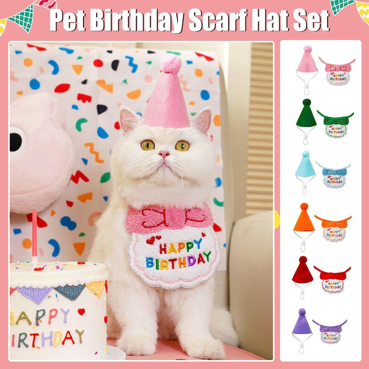 Pet Birthday Dog Cat Bib Scarf Hat Accessory Dogs Cats Celebration - Orange V528-PET-BIRTHDAY-SET-ORANGE-319068
