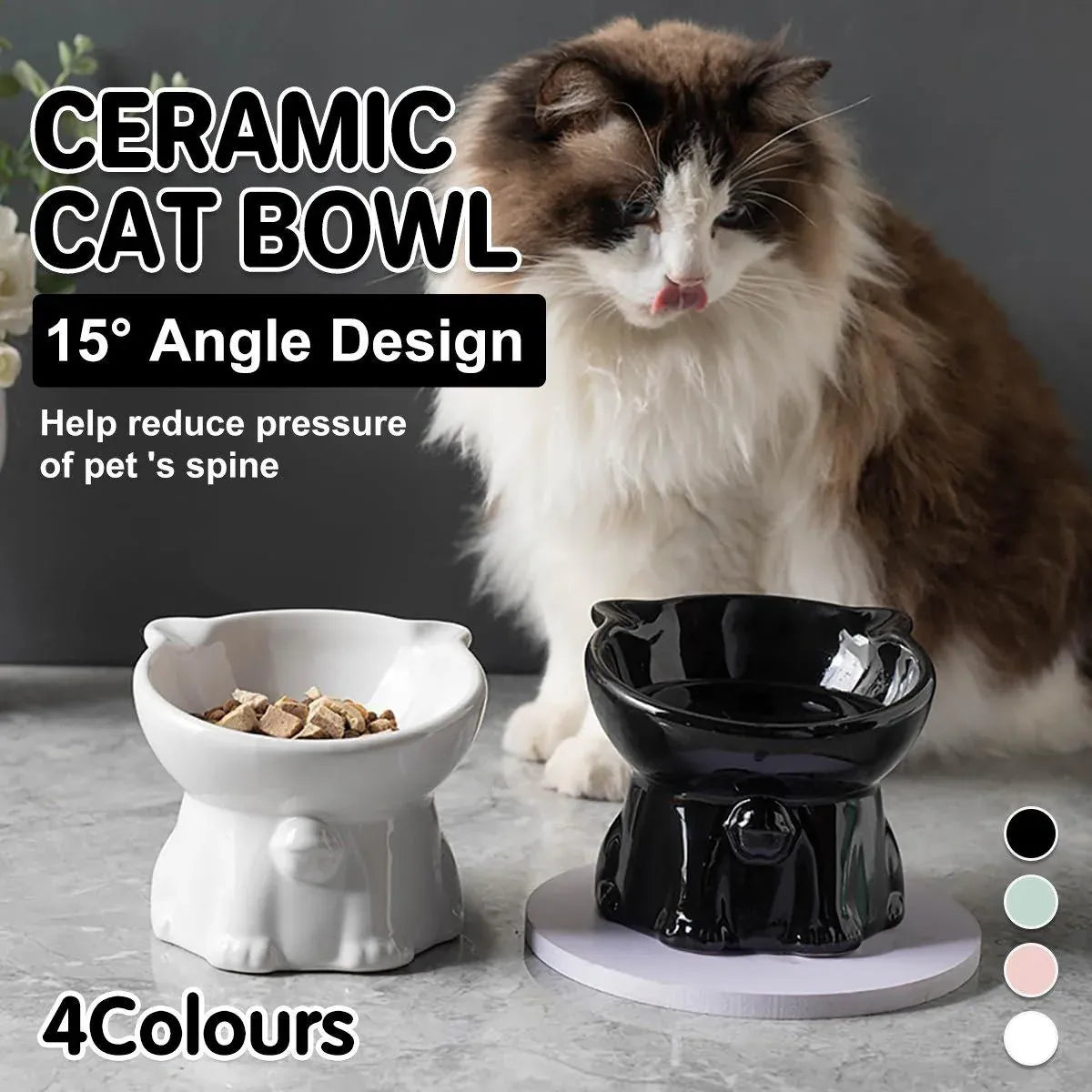 Ceramic Cat Bowl Cute Tall Raised Cat Food Bowl for Pets Eating Comfortably - White V528-PET-BOWL-BELL-WHITE-331102