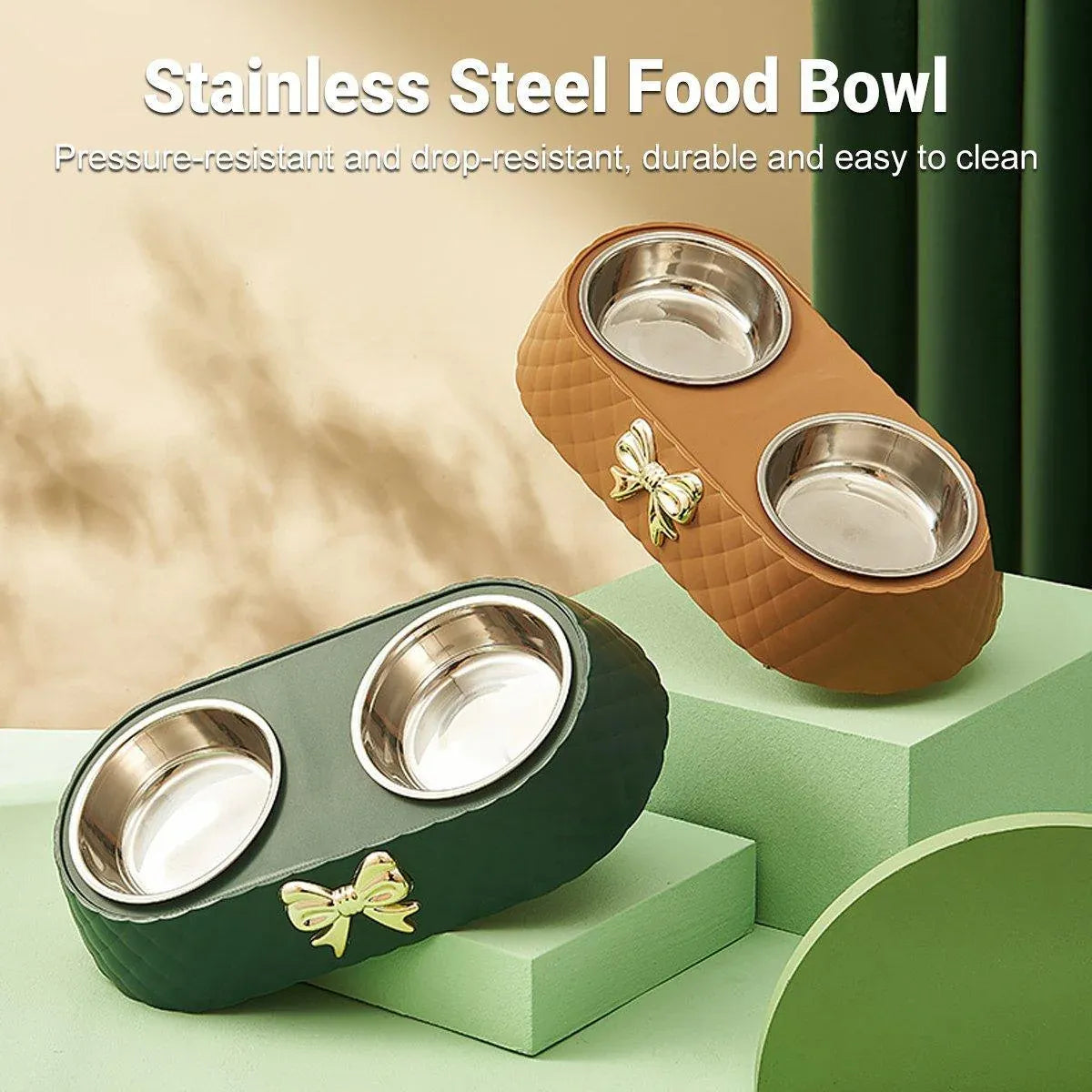 Stainless Steel Double Pet Bowl Non-Slip Anti-Knock Dog Cat Feeder Utensils - Green V528-PET-BOWL-BOW-GREEN-921532