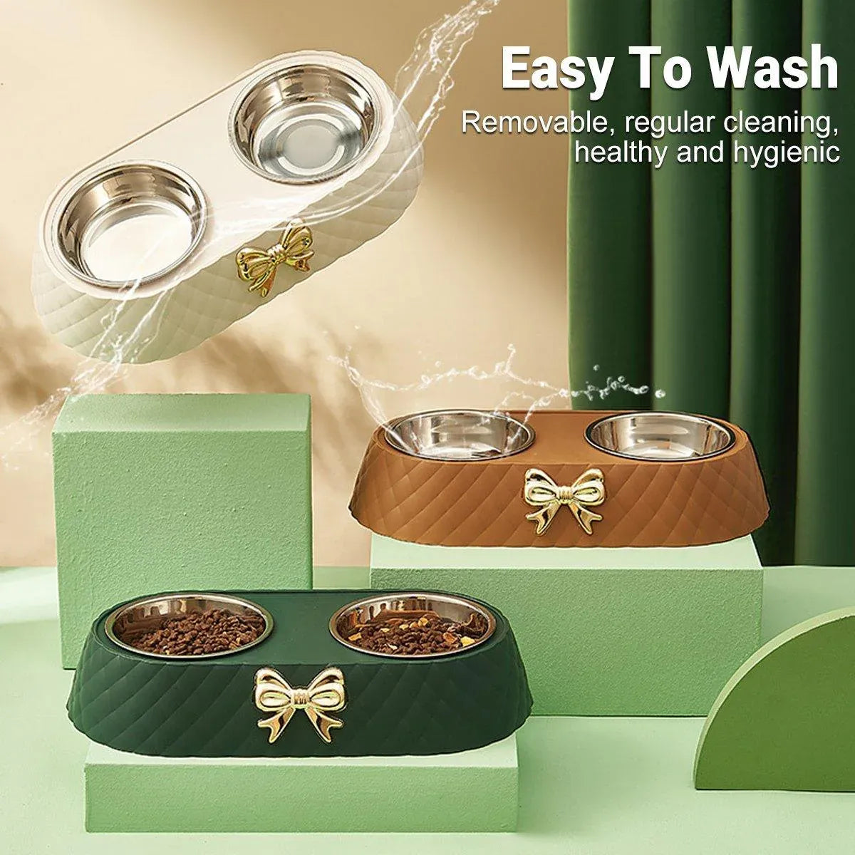 Stainless Steel Double Pet Bowl Non-Slip Anti-Knock Dog Cat Feeder Utensils - Green V528-PET-BOWL-BOW-GREEN-921532