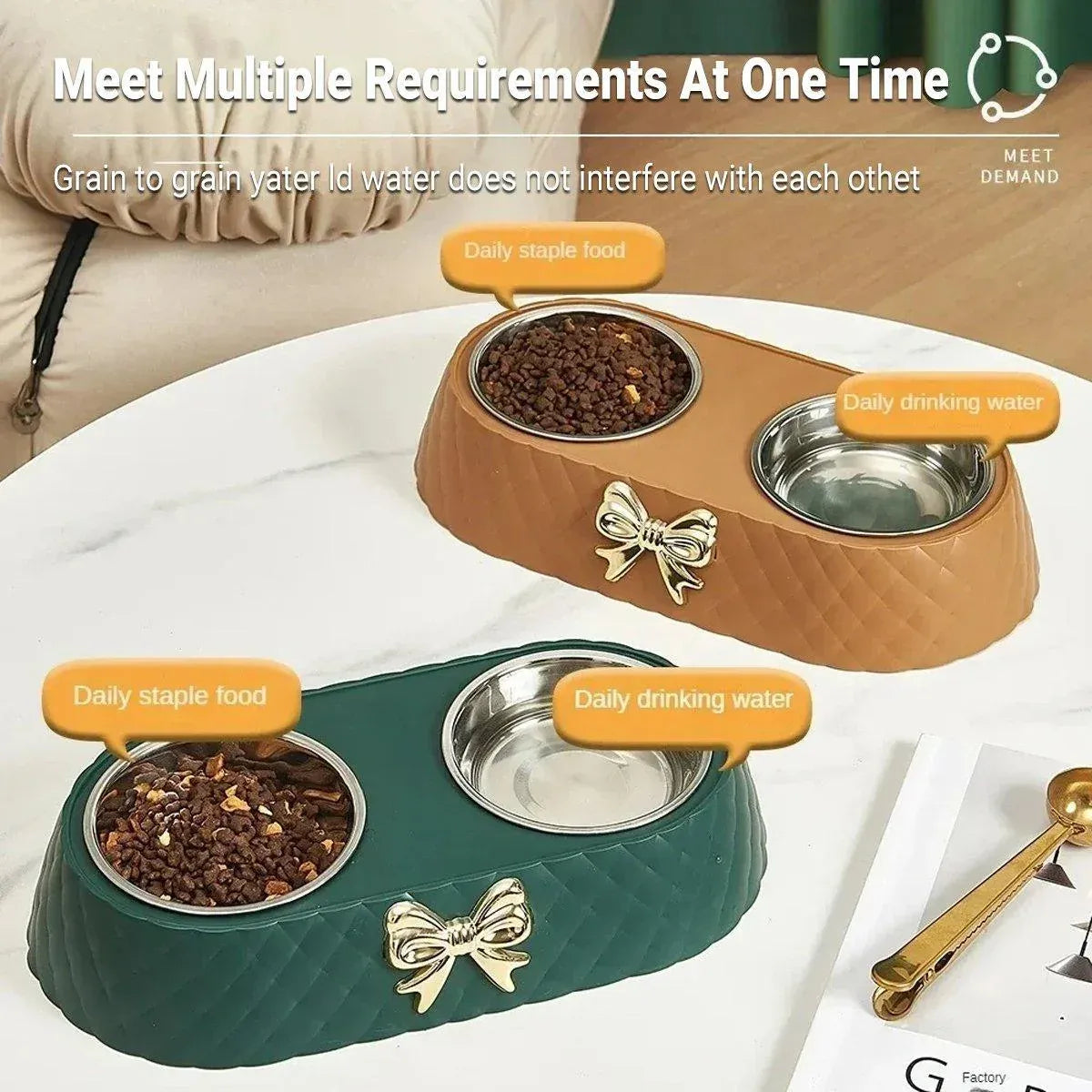 Stainless Steel Double Pet Bowl Non-Slip Anti-Knock Dog Cat Feeder Utensils - Green V528-PET-BOWL-BOW-GREEN-921532