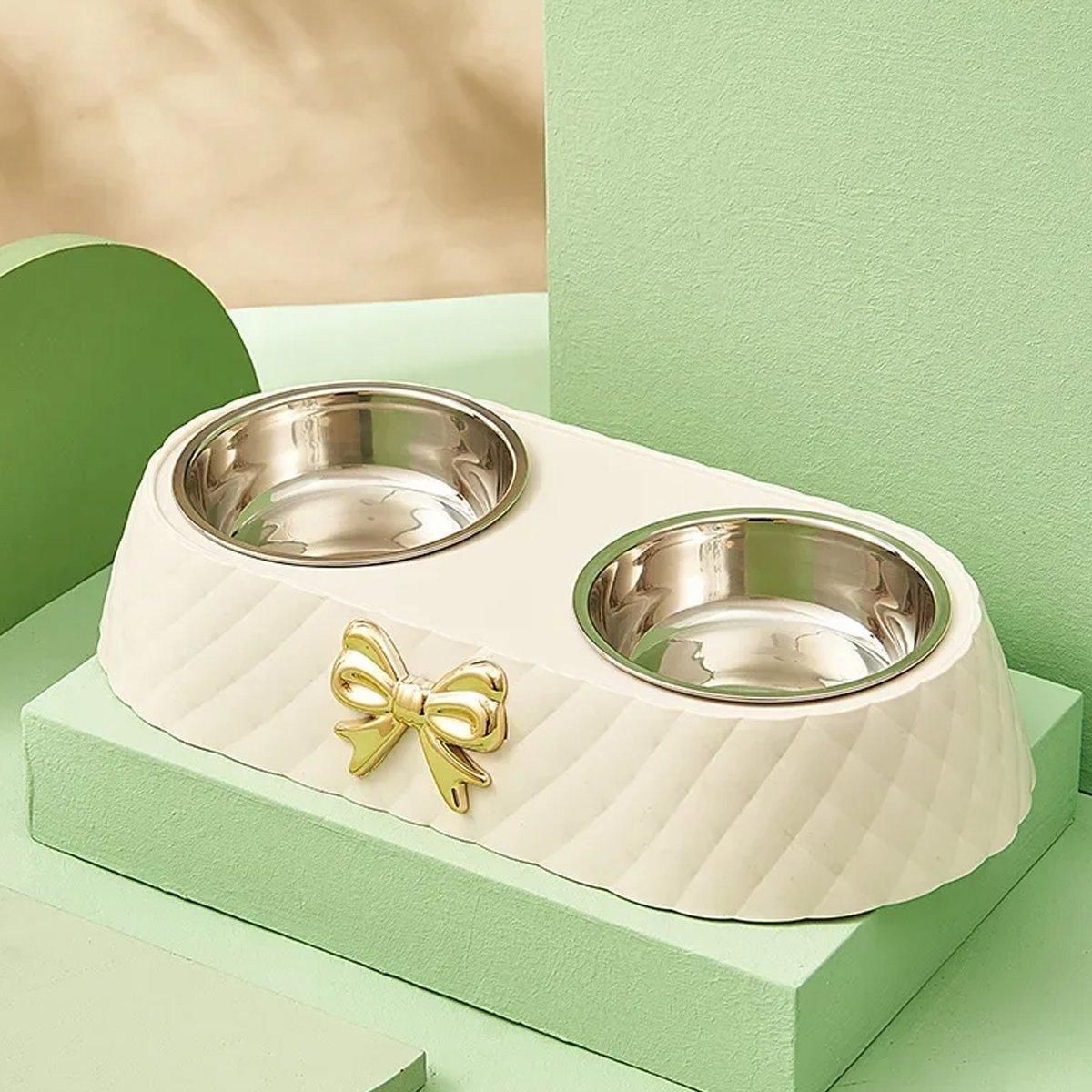 Stainless Steel Double Pet Bowl Non-Slip Anti-Knock Dog Cat Feeder Utensils - Green V528-PET-BOWL-BOW-GREEN-921532