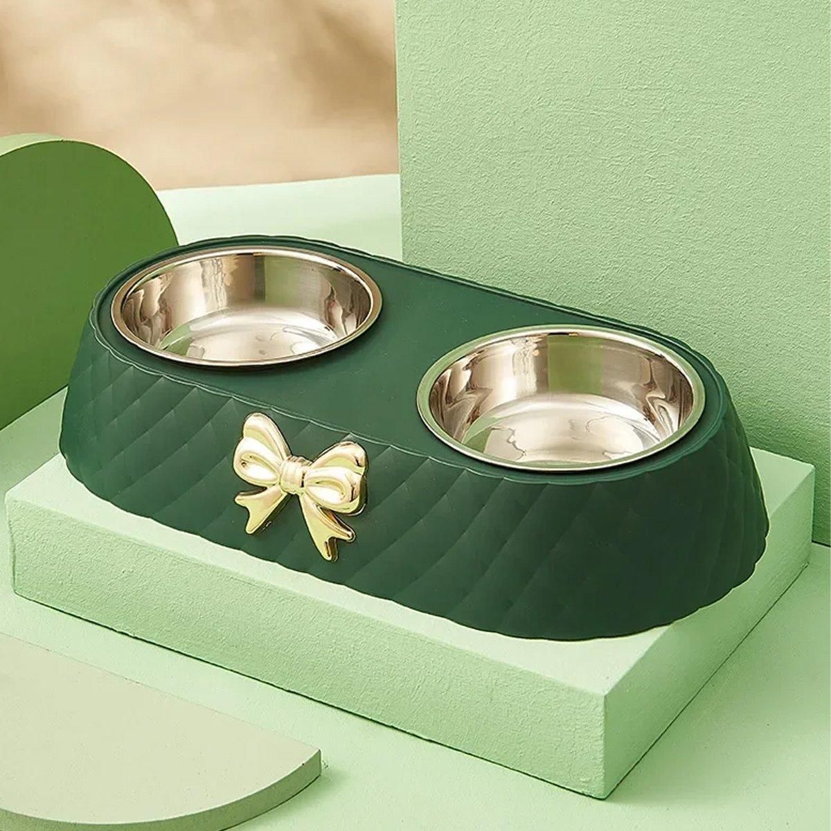 Stainless Steel Double Pet Bowl Non-Slip Anti-Knock Dog Cat Feeder Utensils - Green V528-PET-BOWL-BOW-GREEN-921532