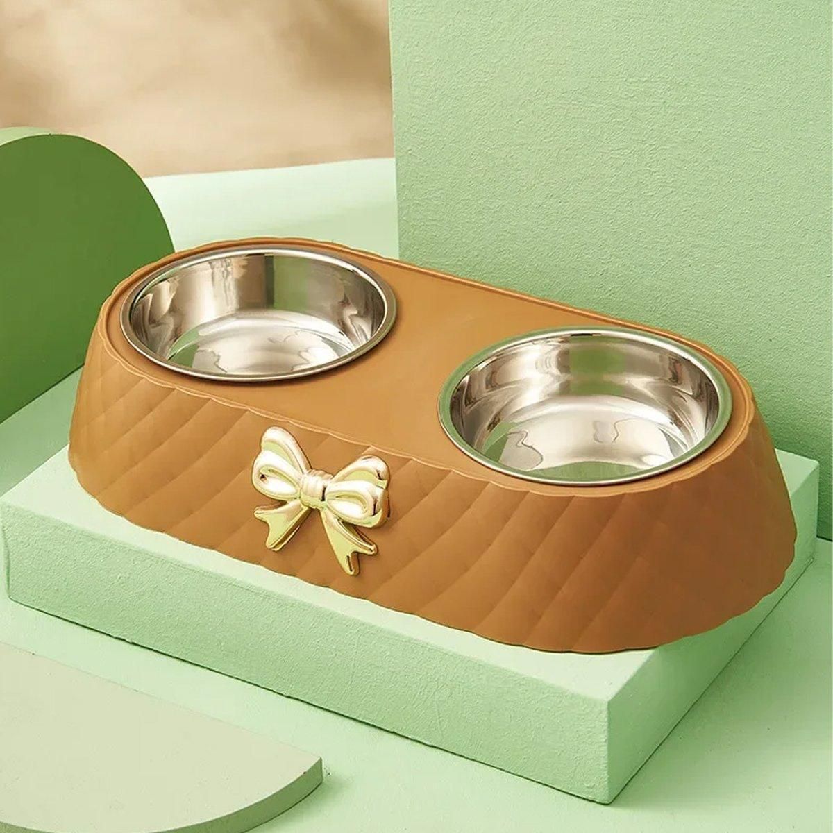Stainless Steel Double Pet Bowl Non-Slip Anti-Knock Dog Cat Feeder Utensils - Green V528-PET-BOWL-BOW-GREEN-921532