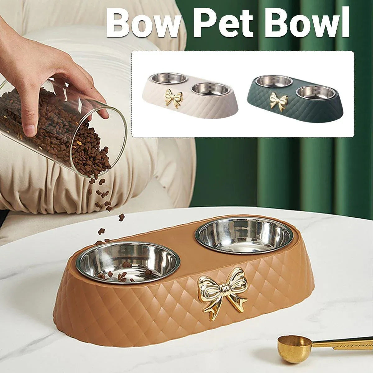 Stainless Steel Double Pet Bowl Non-Slip Anti-Knock Dog Cat Feeder Utensils - Green V528-PET-BOWL-BOW-GREEN-921532