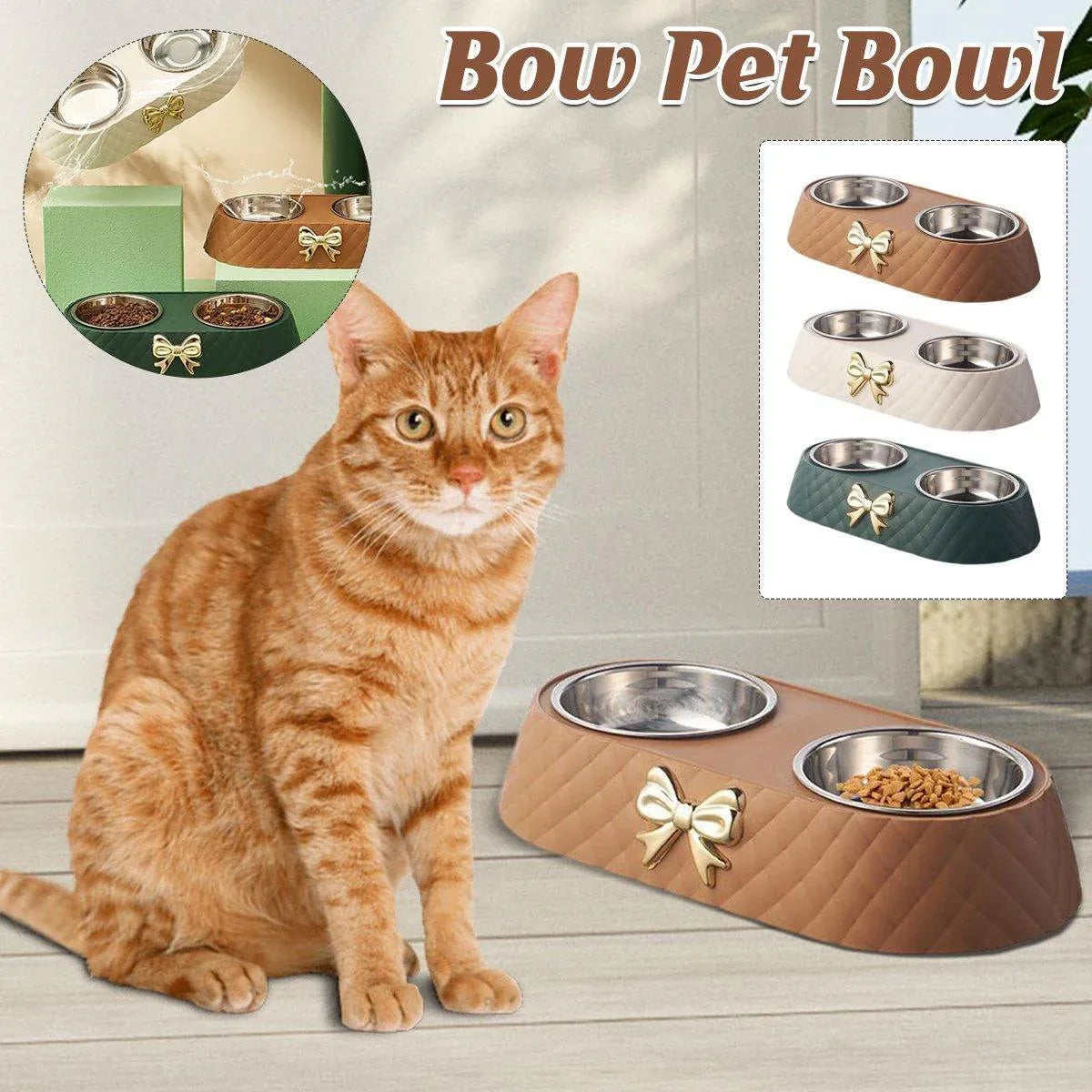 Stainless Steel Double Pet Bowl Non-Slip Anti-Knock Dog Cat Feeder Utensils - White V528-PET-BOWL-BOW-WHITE-919137