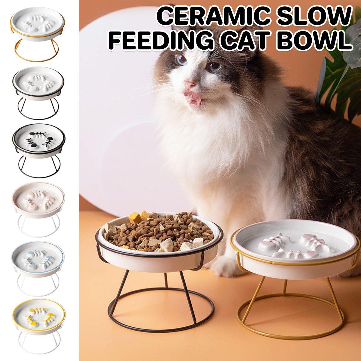 Ceramic Cat Bowl Slow Feeder Pet Food Tray for Cats and Dogs Non Slip Design - White Bowl-Gold Tray Rack V528-PET-BOWL-WHITE-GOLD-539416