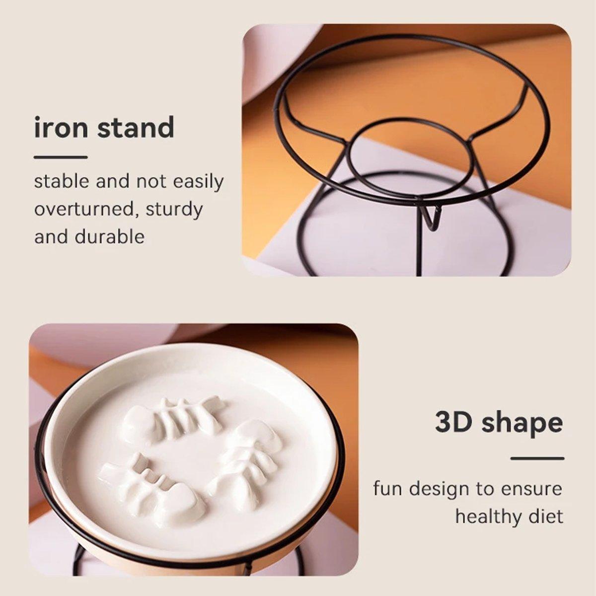 Ceramic Cat Bowl Slow Feeder Pet Food Tray for Cats and Dogs Non Slip Design - White Bowl-Gold Tray Rack V528-PET-BOWL-WHITE-GOLD-539416
