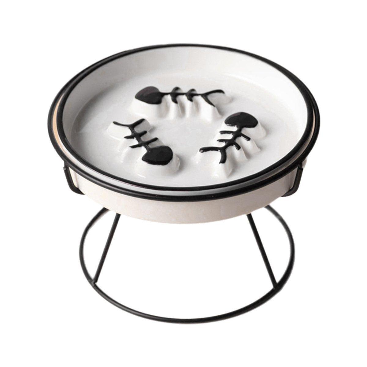 Ceramic Cat Bowl Slow Feeder Pet Food Tray for Cats and Dogs Non Slip Design - White Bowl-Gold Tray Rack V528-PET-BOWL-WHITE-GOLD-539416