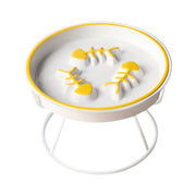 Ceramic Cat Bowl Slow Feeder Pet Food Tray for Cats and Dogs Non Slip Design - White Bowl-Gold Tray Rack V528-PET-BOWL-WHITE-GOLD-539416